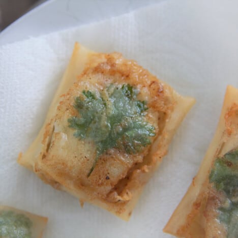 Close up of a cooked, golden brown packet of fish and cilantro leaves wrapped in rice paper resting on paper towels to drain.