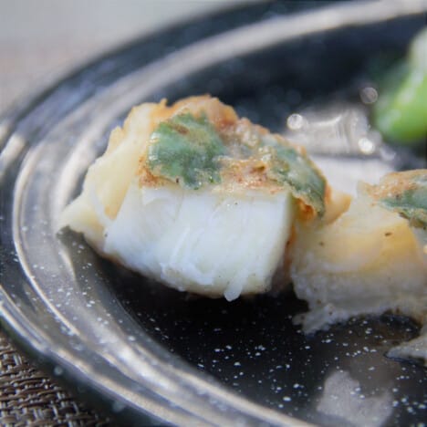 Close up of a cooked fish and cilantro leaves wrapped in golden brown rice paper, which is cut open to show flaky, white fish.