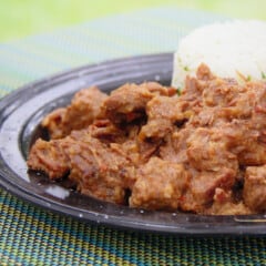 Rendang curry served on a black camp plate with a side of rice.
