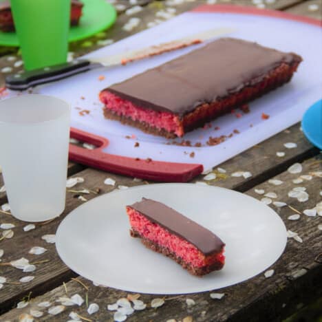 A picnic table with the cherry slice and a small plate with an individual serving.