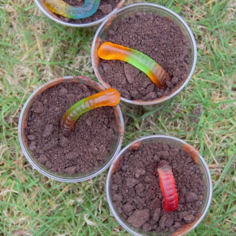Looking down onto three chocolate dirt pudding cups with gummy worms poking out, on a grassy backbround.