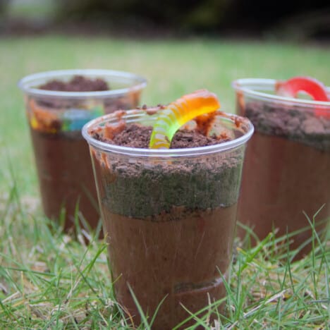 Three chocolate dirt pudding cups with gummy worms are sitting in the grass.