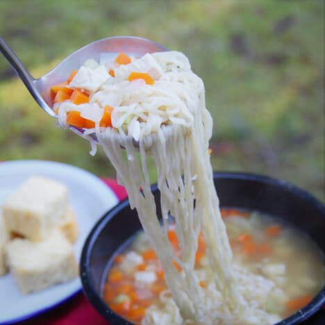 A ladle of chicken noodle soup being served with the long noodle dangling back into the saucepan.