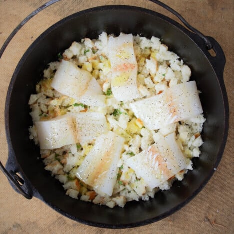 Looking down into a Dutch oven with fillets of white fish sitting on top of seasoned breadcrumbs.