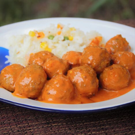 A dinner camp plate with a focus on the meatballs in the red curry and rice meal.