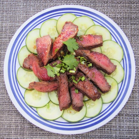 Looking down on a camp plate lined with sliced cucumber around the whole edge and slices of steak in the center garnished with green onion and cilantro.