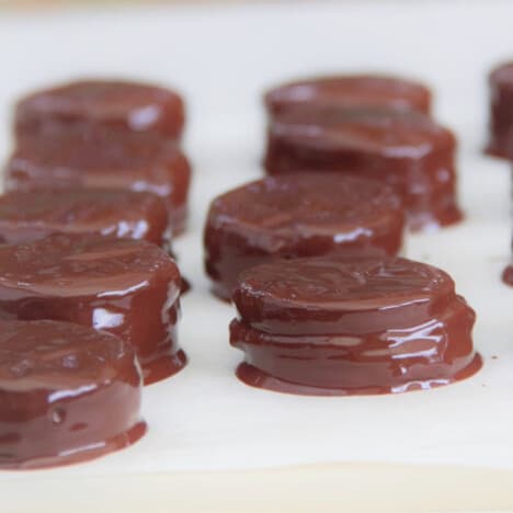 A row of recently chocolate-dipped peppermint sandwich cookies drying on parchment paper.
