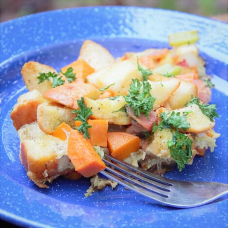 A serving of skillet butternut and bacon stuffing sits on a blue camping plate.