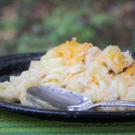 Looking across a serving of tuna noodle casserole served on a black camping plate with a spoon.