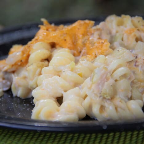 Close up image of the tuna casserole served on a black camp plate ready to serve.