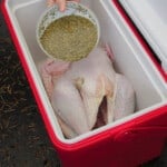 A bowl of brine concentrate is poured on a raw turkey in a small red cooler.