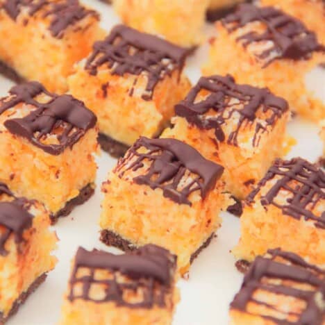 Finished squares of apricot bites, with a cookie base, apricot filling, and chocolate drizzle on a white background.