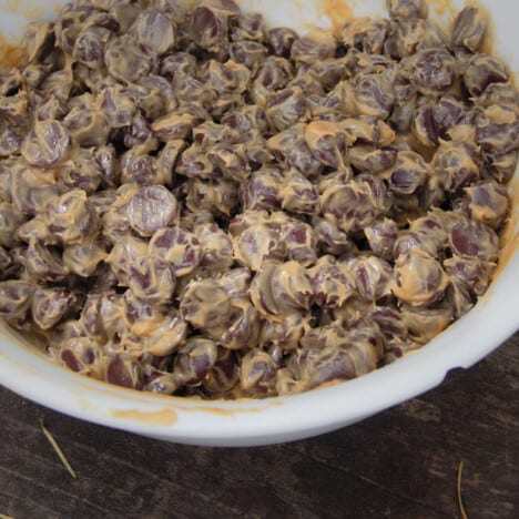 A white bowl filled with chocolate chips covered in peanut butter.