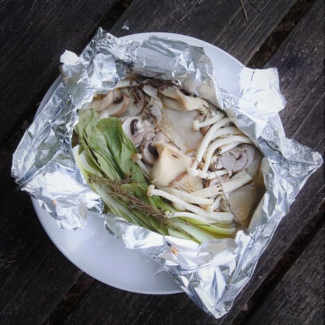 Looking down on an opened foil packet showing the chicken, mushrooms, and bock choy.