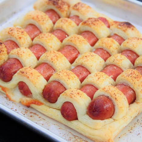 The cooked hot dog tart cooked but but yet to be sliced to serve.