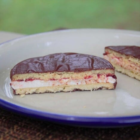 A wagon wheel cookie, with distinct cookie, marshmallow and jam layers, is sitting halved on a white camping plate.
