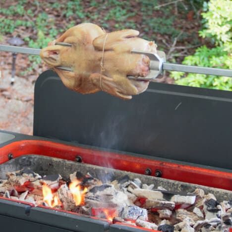 A duck on a rotisserie above the burning coals of the BBQ.