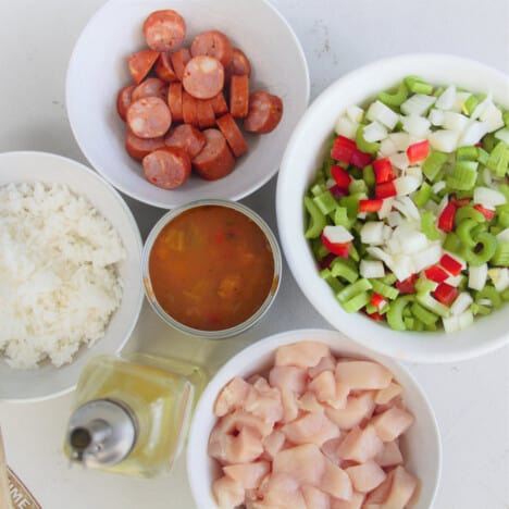 Looking down on all the bowls of ingredients for the camp mock jambalaya.