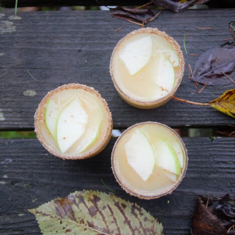 Looking down on a picnic table with three caramel apple mocktails highlighting the pieces of apple floating in them.