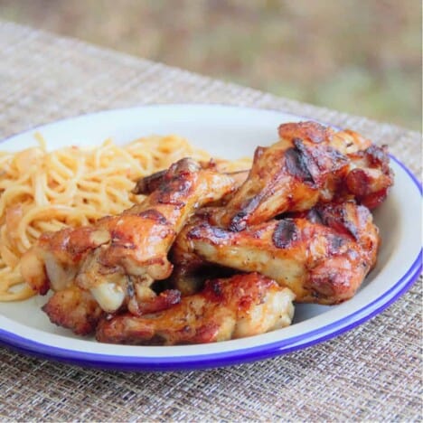 A white plate of grilled chicken wings with a noodle side dish sits on a white table.