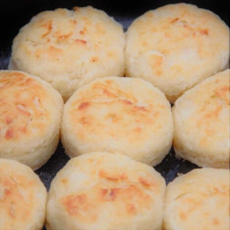 Close up of buttermilk biscuits in a Dutch oven.