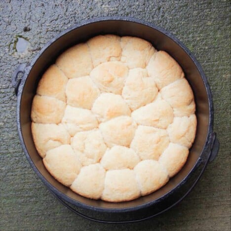 Looking down into a Dutch oven with partially cooked wholemeal bread rolls inside.
