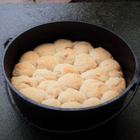 Looking down into a Dutch oven filled with baked wholemeal bread rolls.