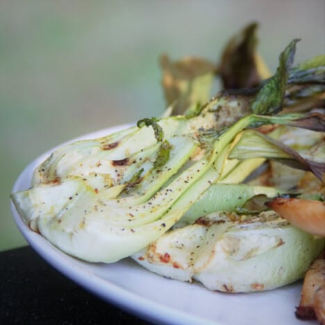 A white plate with a generous serving of grilled bok choy.