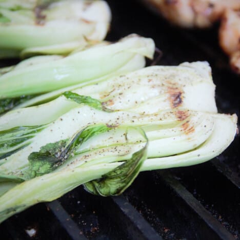 Halves of bok choy on the grill focusing on one which highlights the grill marks and a light sprinkle of herb rub.