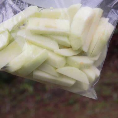 A plastic zip lock bag is filled with apples and lemon juice.
