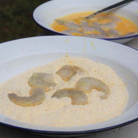 Two white camping bowls sit on a table, one with raw shrimp and cornmeal the other with raw shrimp and egg.