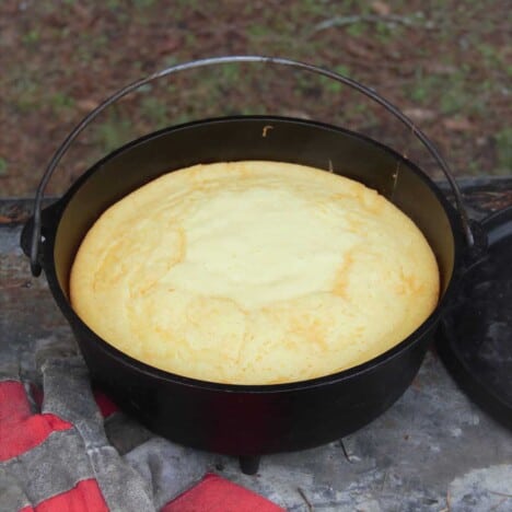 Looking down into a Dutch oven with the a cooked vanilla cake in it.