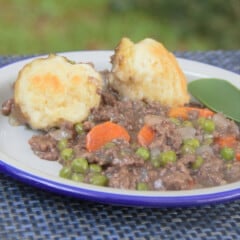 A camp plate serving of mince and dumplings, with chunks of carrots and peas popping out of the mince.