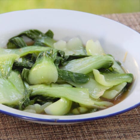 A camp plate filled with stir-fried bok choy ready to be shared.