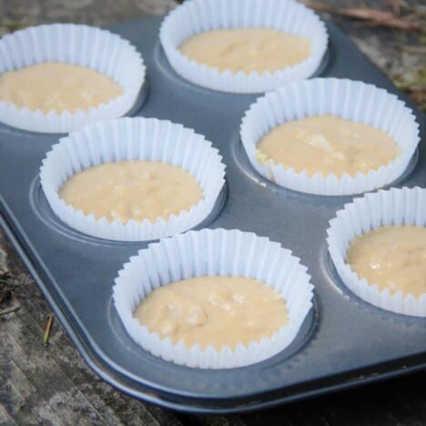 A 6-hole muffin tray with paper liners filled with batter ready to cook.