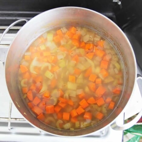 Looking down into a large metal stock pot filled with carrot and potato chunks in a clear broth.