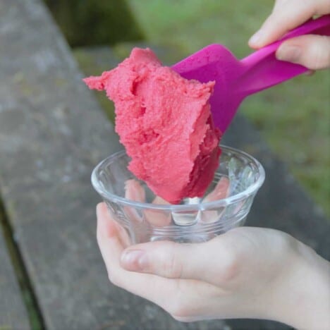A white hand is scooping a serving of raspberry sorbet with a pink spoon into a small glass bowl.