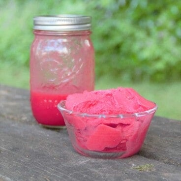 A small glass bowl with raspberry sorbet and a glass canning jar with puree are sitting on a wood picnic table with a forest background.