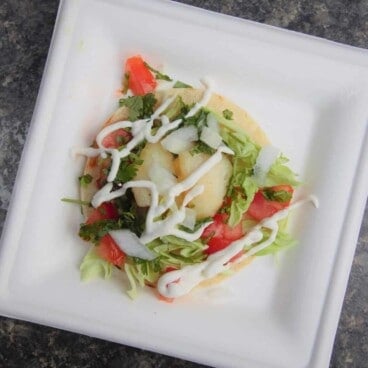 A walleye fish taco, with greens, tomatoes, and a drizzle of sauce, sits on a square white plate.