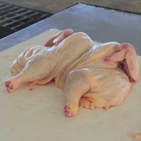 A flattened chicken sitting on a white chopping board.