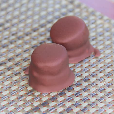 Two chocolate coated treats sitting on a placemat.