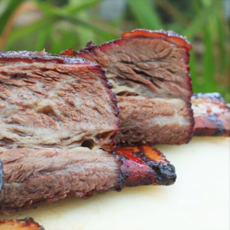 A close up interior shot of smoked short ribs with a green background.