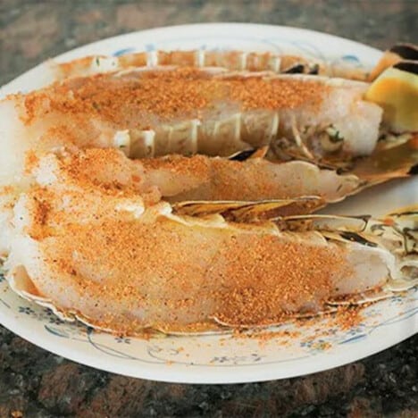 Raw lobster halfs on a plate with a sprinkling of rub on them.